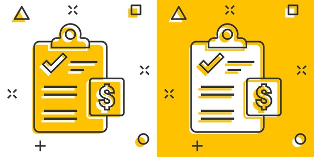 Icono de lista de verificación de documentos en estilo cómico Informe ilustración vectorial de dibujos animados sobre fondo blanco aislado Concepto de negocio de efecto de salpicadura de hoja de papel