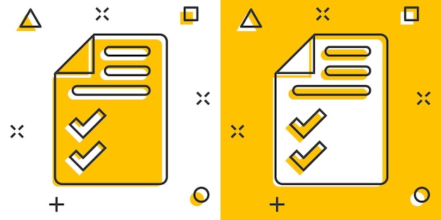 Icono de lista de verificación de documentos en estilo cómico Informe ilustración vectorial de dibujos animados sobre fondo blanco aislado Concepto de negocio de efecto de salpicadura de hoja de papel