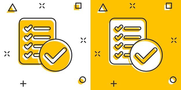 Icono de lista de verificación de documentos en estilo cómico Informe ilustración vectorial de dibujos animados sobre fondo blanco aislado Concepto de negocio de efecto de salpicadura de hoja de papel
