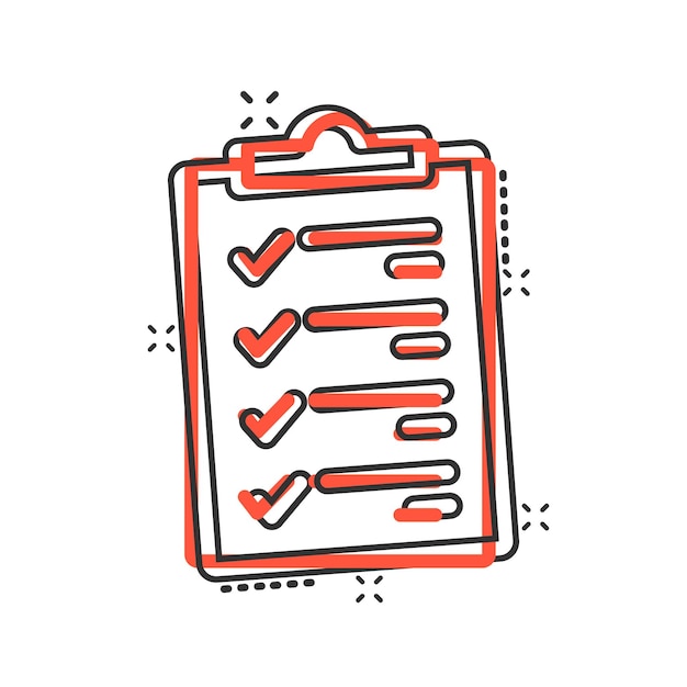 Icono de lista de verificación de documentos en estilo cómico Informe ilustración vectorial de dibujos animados sobre fondo blanco aislado Concepto de negocio de efecto de salpicadura de hoja de papel