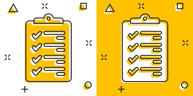 Icono de lista de verificación de documentos en estilo cómico Informe ilustración vectorial de dibujos animados sobre fondo blanco aislado Concepto de negocio de efecto de salpicadura de hoja de papel