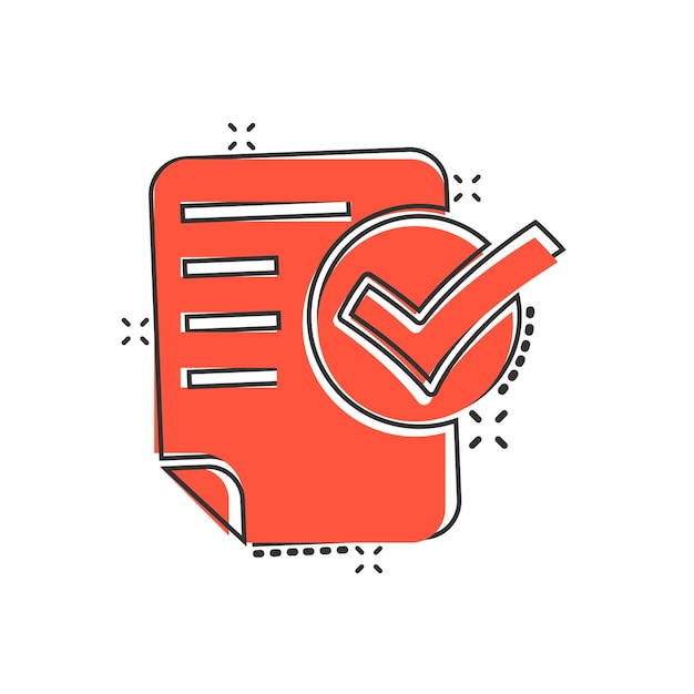 Icono de lista de verificación de documentos en estilo cómico Informe ilustración vectorial de dibujos animados sobre fondo blanco aislado Concepto de negocio de efecto de salpicadura de hoja de papel