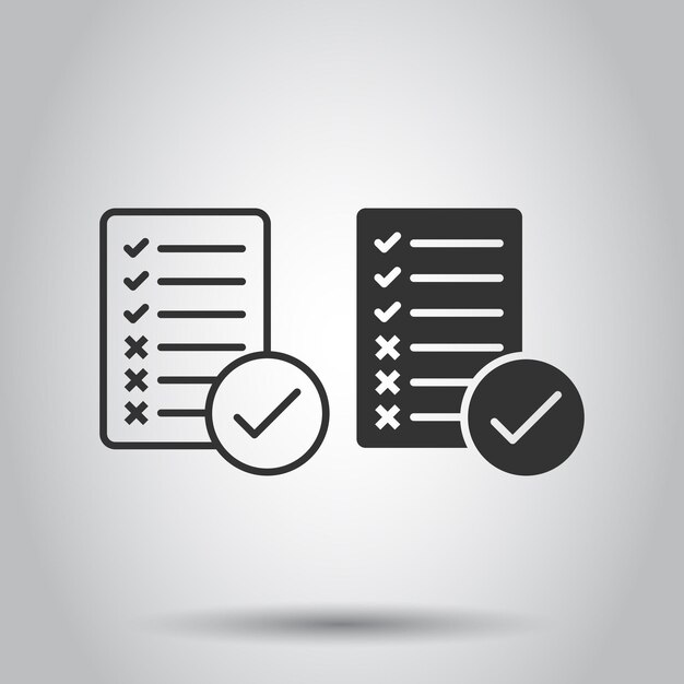 Icono de lista de verificación de documentos en estilo plano Ilustración de vector de informe sobre fondo blanco aislado Concepto de negocio de hoja de papel