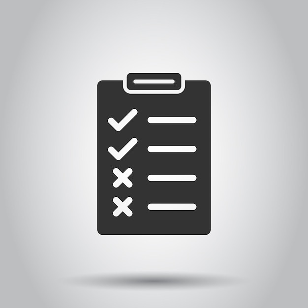 Icono de lista de verificación de documentos en estilo plano Ilustración de vector de informe sobre fondo blanco aislado Concepto de negocio de hoja de papel