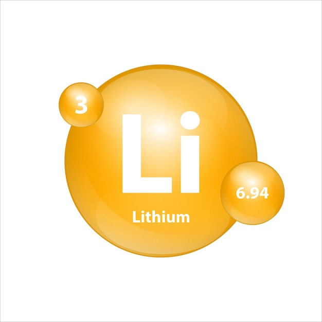 Icono de litio (Li) estructura elemento químico forma redonda círculo amarillo oscuro Signo con número atómico.