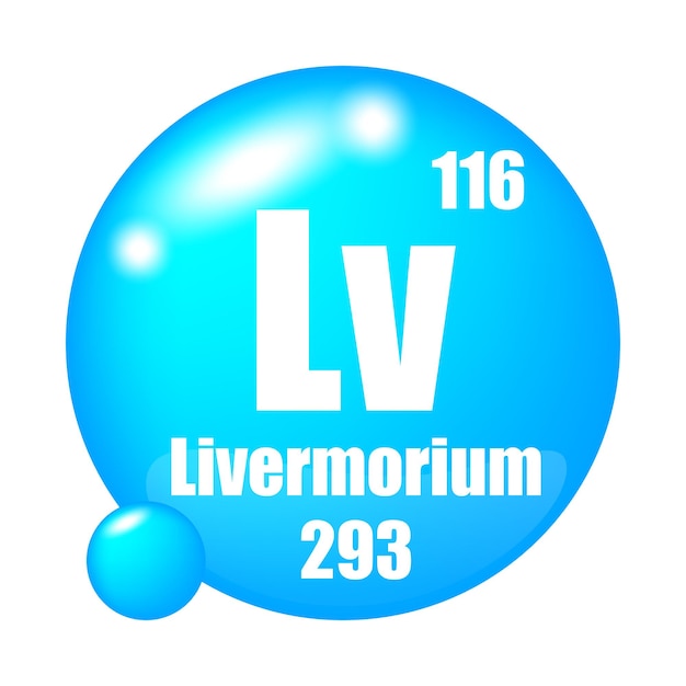 Ícono de Livermorium Elemento químico Lv Número atómico 116 Masa 293 Imagen de la esfera azul Símbolo vectorial