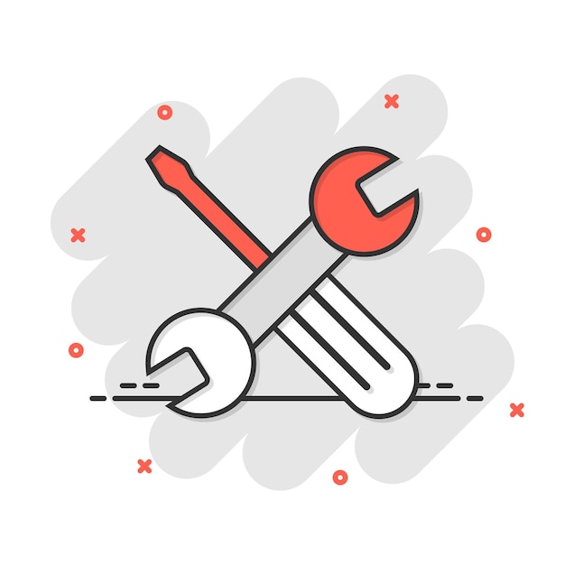 Icono de llave y destornillador en estilo cómico Ilustración de vector de dibujos animados de llave inglesa sobre fondo blanco aislado Concepto de negocio de efecto de salpicadura de equipo de reparación