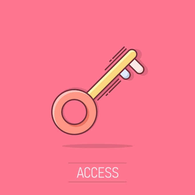 Icono de llave de dibujos animados de vector en estilo cómico Desbloquear pictograma de ilustración de signo Concepto de efecto de salpicadura de negocio de clave segura privada