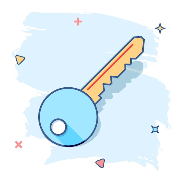 Icono de llave de dibujos animados de vector en estilo cómico Desbloquear pictograma de ilustración de signo Concepto de efecto de salpicadura de negocio de clave segura privada
