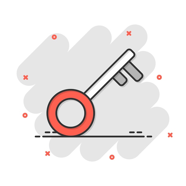 Icono de llave en estilo cómic Ilustración de vector de dibujos animados de contraseña sobre fondo blanco aislado Concepto de negocio de efecto de salpicadura de acceso