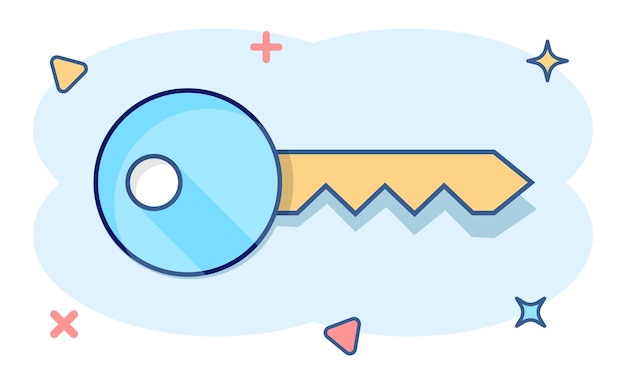 Icono de llave en estilo cómico Ilustración de vector de dibujos animados de contraseña sobre fondo blanco aislado Concepto de negocio de efecto de salpicadura de acceso