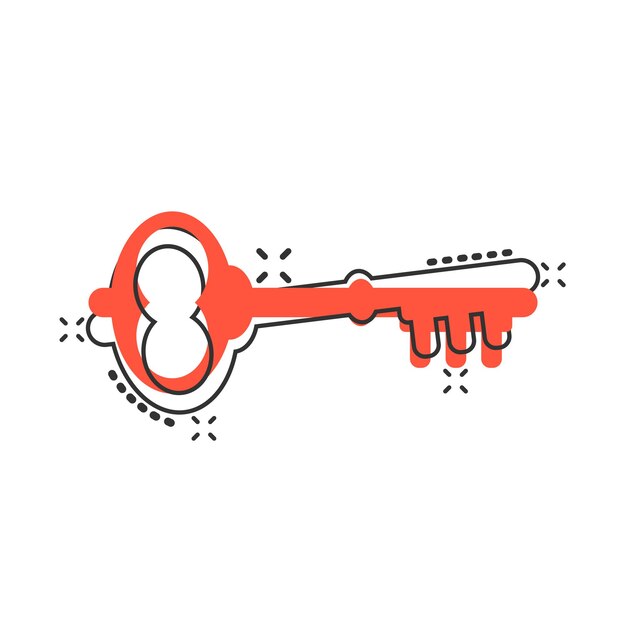 Icono de llave en estilo cómico Ilustración de vector de dibujos animados de contraseña sobre fondo blanco aislado Concepto de negocio de efecto de salpicadura de acceso