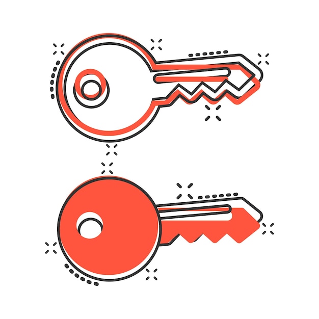 Icono de llave en estilo cómico Ilustración de vector de dibujos animados de contraseña sobre fondo blanco aislado Concepto de negocio de efecto de salpicadura de acceso