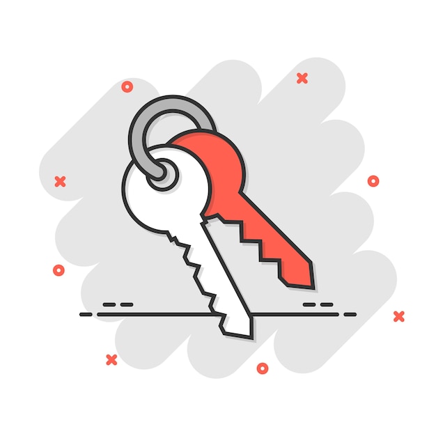 Icono de llave en estilo cómico Ilustración de vector de dibujos animados de contraseña sobre fondo blanco aislado Concepto de negocio de efecto de salpicadura de acceso
