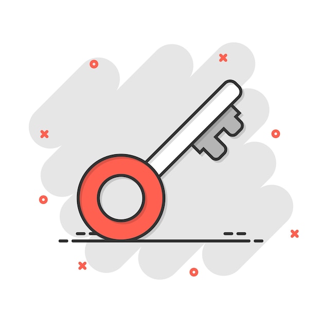 Icono de llave en estilo cómico Ilustración de vector de dibujos animados de contraseña sobre fondo blanco aislado Concepto de negocio de efecto de salpicadura de acceso