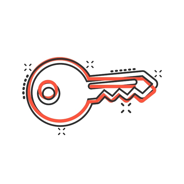 Icono de llave en estilo cómico Ilustración de vector de dibujos animados de contraseña sobre fondo blanco aislado Concepto de negocio de efecto de salpicadura de acceso