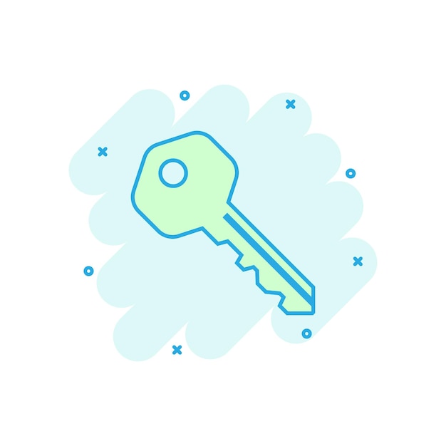 Icono de llave en estilo cómico Pictograma de ilustración de dibujos animados de vector de inicio de sesión de acceso Efecto de salpicadura de concepto de negocio clave de contraseña