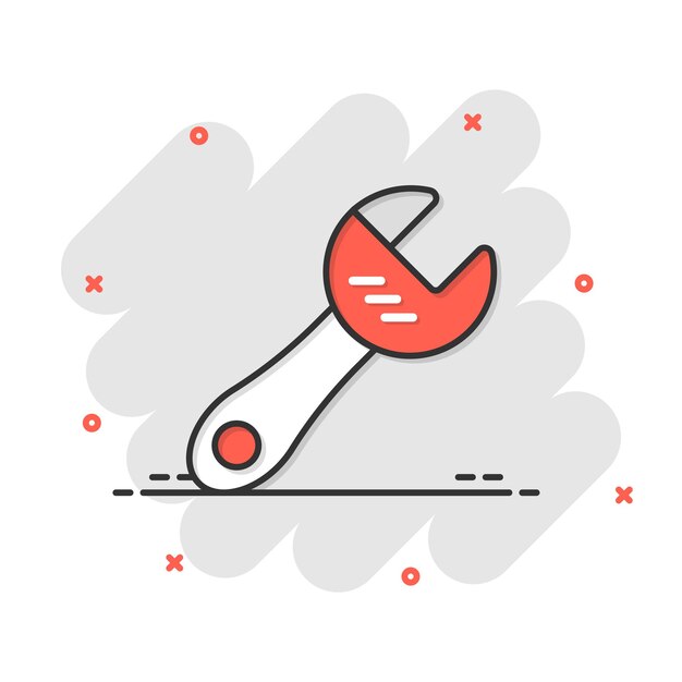 Icono de llave inglesa en estilo cómico Ilustración de vector de dibujos animados de llave inglesa sobre fondo blanco aislado Concepto de negocio de efecto de salpicadura de equipo de reparación