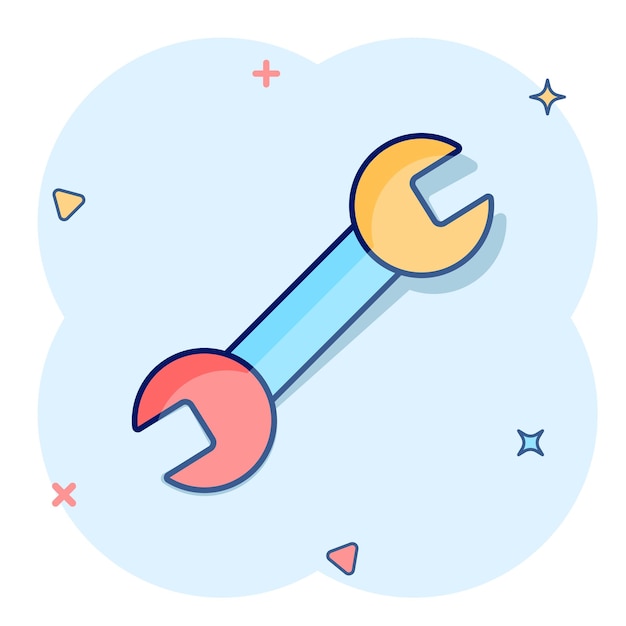 Icono de llave inglesa en estilo cómico Ilustración de vector de dibujos animados de llave inglesa sobre fondo blanco aislado Concepto de negocio de efecto de salpicadura de equipo de reparación