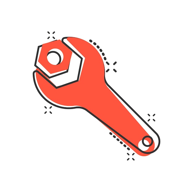 Icono de llave inglesa en estilo cómico Ilustración de vector de dibujos animados de llave inglesa sobre fondo blanco aislado Concepto de negocio de efecto de salpicadura de equipo de reparación