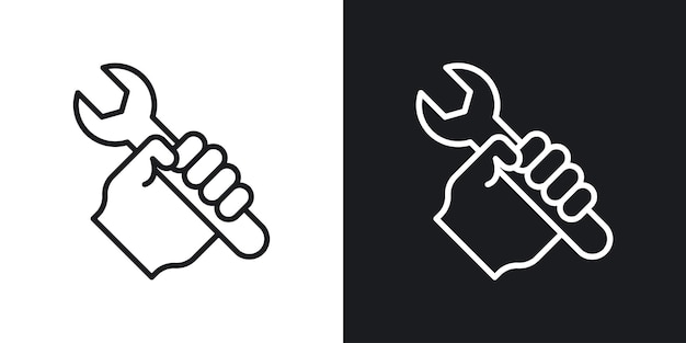 Icono de llave en la mano del conjunto de llave mecánica de tuercas en un estilo de relleno y contorno negro Empleado del taller sosteniendo el letrero de la llave inglesa