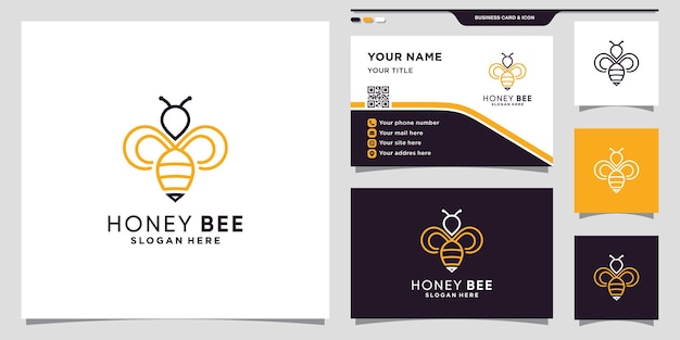Icono de logotipo de abeja de miel con logotipo de abeja de estilo lineal y diseño de tarjeta de visita Vector Premium