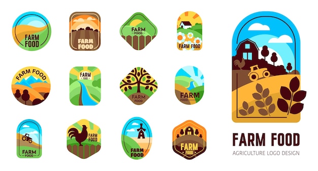 El icono del logotipo de la agricultura y la granja establece campos verdes, sol, cielo y símbolos ecológicos en un estilo geométrico.