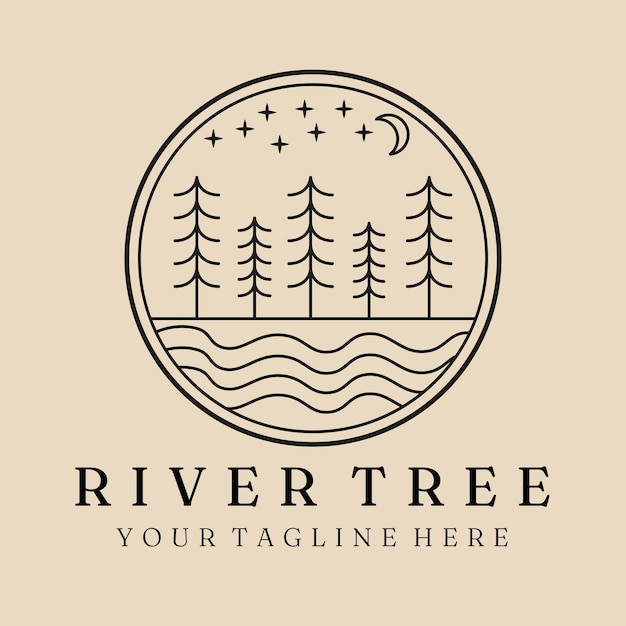 Vector icono de logotipo de arte de línea de árbol de río y símbolo con diseño de ilustración de vector de emblema