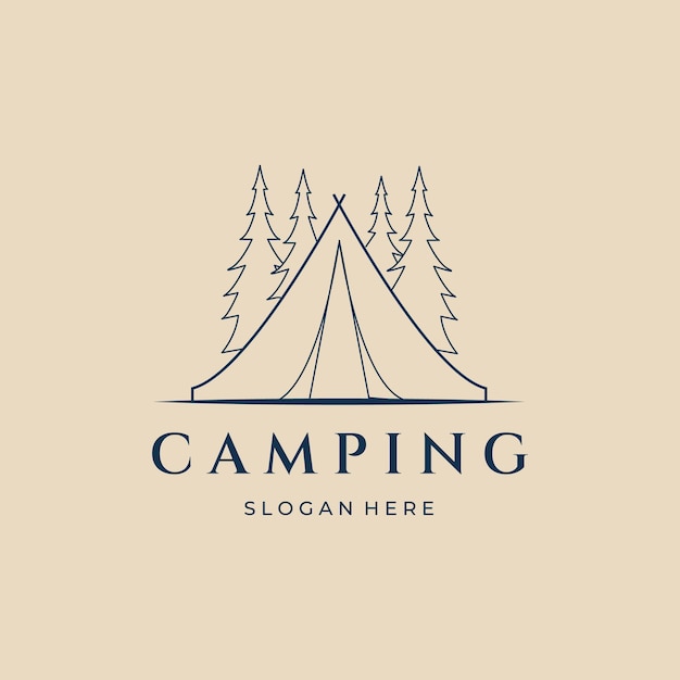 Icono de logotipo de arte de línea de camping y símbolo con diseño de ilustración de vector de emblema