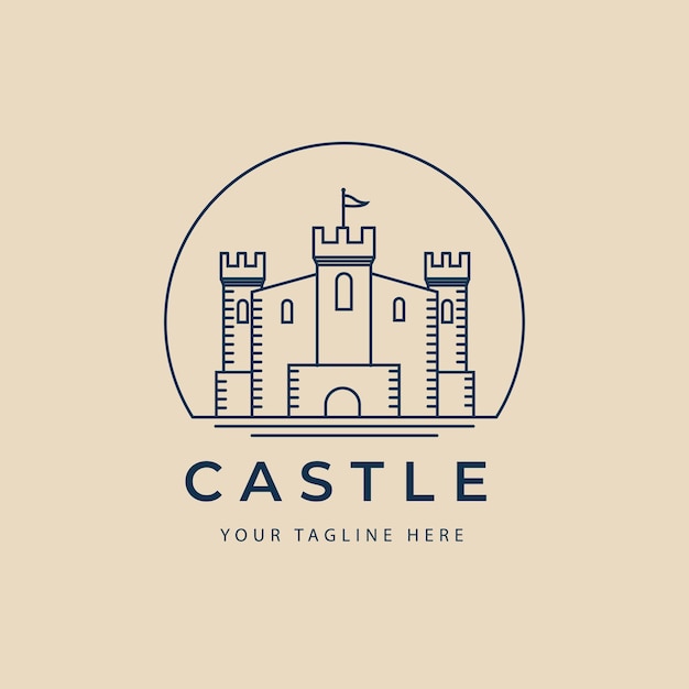 Vector icono de logotipo de arte de línea de castillo y símbolo con diseño de ilustración de vector de emblema