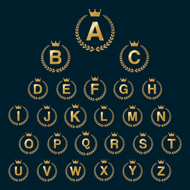 Icono de logotipo de corona de laurel con mayúsculas del alfabeto. Elementos de plantilla Golden Font Design - Letra A a Z.