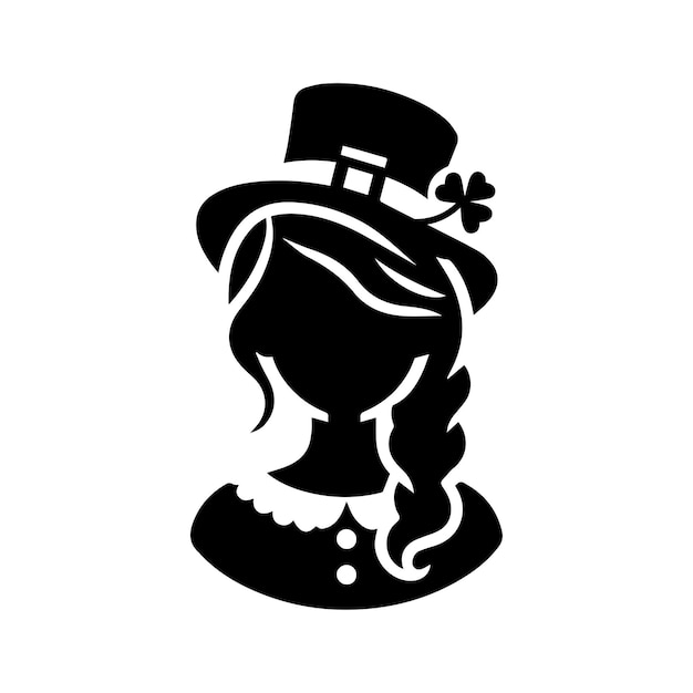 Icono del logotipo del Día de San Patricio con la silueta de una chica minimalista con un sombrero de duende sobre un fondo blanco