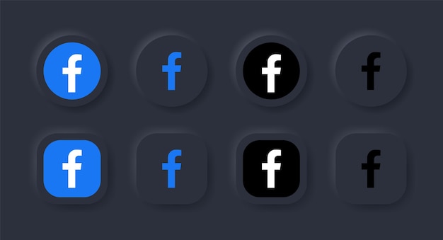 Icono del logotipo de facebook neumorphic en botón negro para logotipos de iconos de redes sociales en botones de neumorfismo