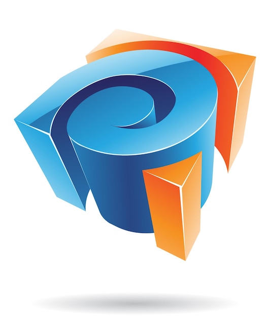 Icono de logotipo metálico abstracto brillante 3d de forma de remolino azul y naranja