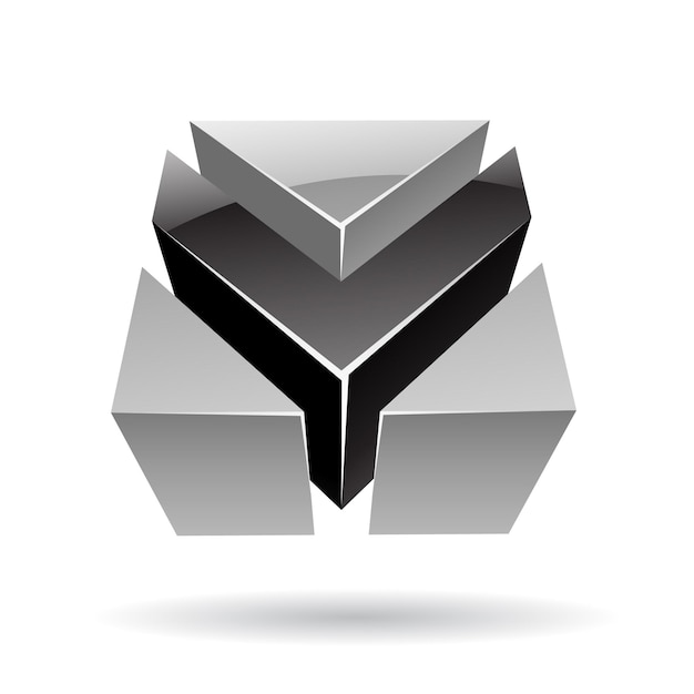 Icono de logotipo metálico brillante abstracto 3d de forma de flecha negra y gris