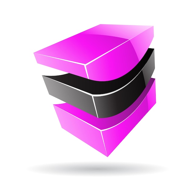 Icono de logotipo metálico brillante abstracto 3d de forma de onda negra y magenta