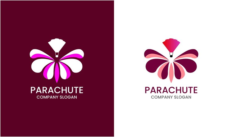 Vector el icono del logotipo del paracaídas, la flor del cielo, el paracaídas deportivo, el pájaro del aire, el hombre volando, el símbolo del diseño del paracaído.