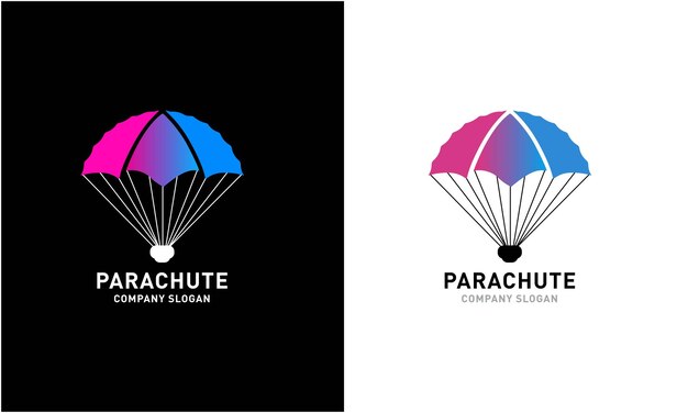El icono del logotipo del paracaídas, la flor del cielo, el paracaídas deportivo, el pájaro del aire, el hombre volando, el símbolo del diseño del paracaído.