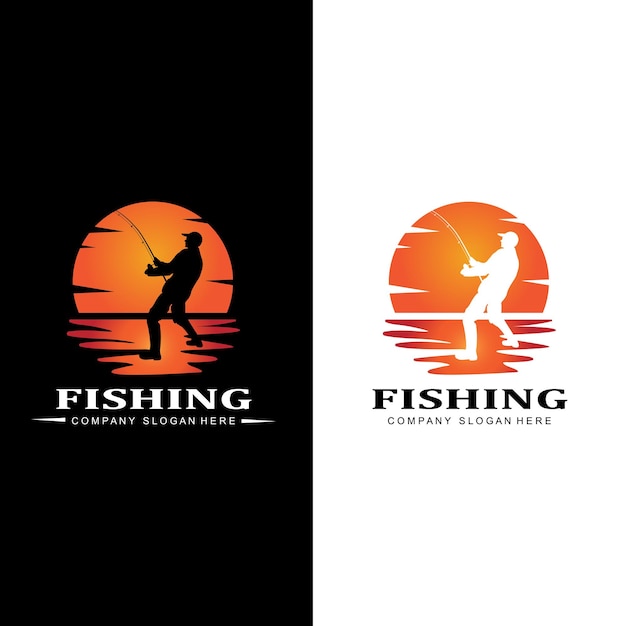 Icono de logotipo de pesca vector captura de peces en el diseño de silueta de puesta de sol al aire libre del barco