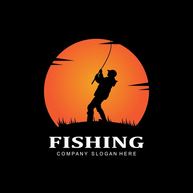 Icono de logotipo de pesca vector captura de peces en el diseño de silueta de puesta de sol al aire libre del barco