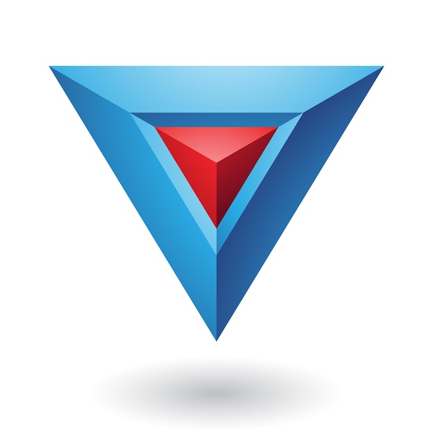 Icono de logotipo de pirámide en relieve abstracto azul con un centro rojo