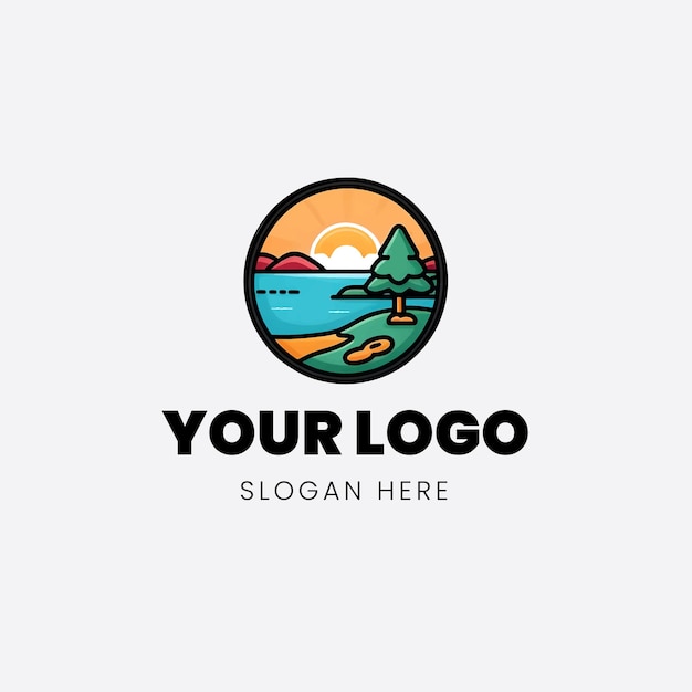 icono de logotipo plano amanecer lago de montaña con árbol
