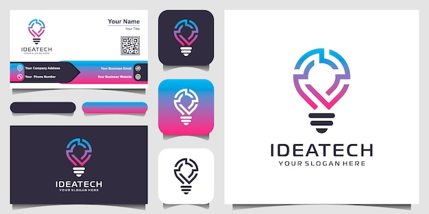 Icono de logotipo de tecnología de bombilla inteligente y diseño de tarjeta de visita. idea de estrategia Diseño de logotipo. Idea de logotipo de bombilla creativa. Idea de tecnología de logotipo digital bombilla