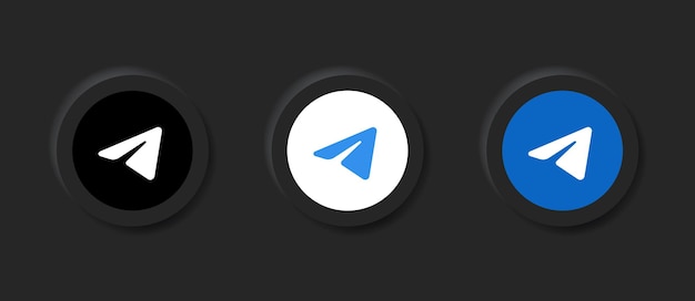 Ícono de logotipo de telegrama neumórfico en botón negro en iconos de redes sociales logotipos en botones de neumorfismo