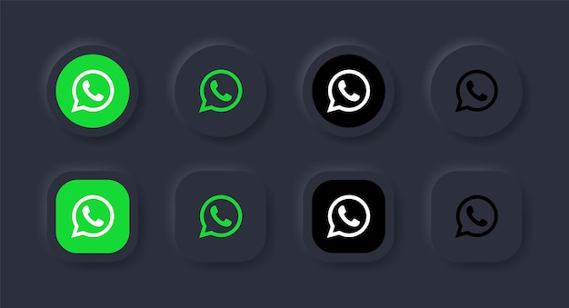 Icono de logotipo de whatsapp neumorphic en botón negro para logotipos de iconos de redes sociales en botones de neumorfismo