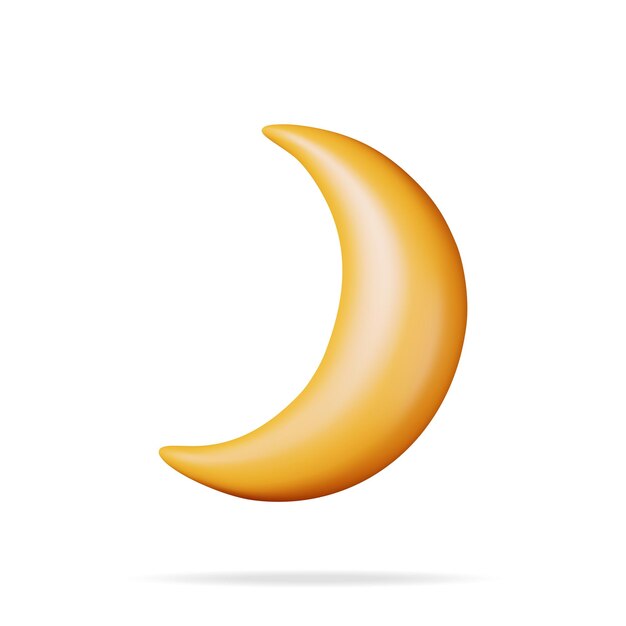 Ícono de luna creciente 3D aislado en blanco Representación amarilla brillante Símbolo de media luna Signo nocturno o vespertino Días festivos musulmanes Ilustración vectorial de dibujos animados