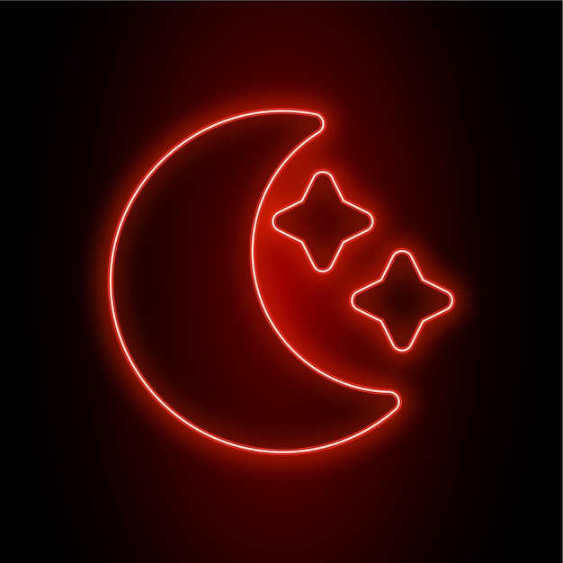 Ícono de luna y estrellas de neón rojo de alto impacto con fondo oscuro