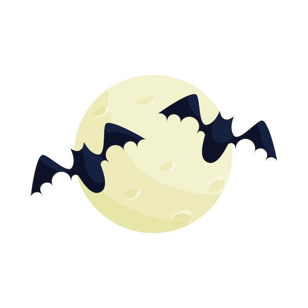 Vector icono de luna llena y murciélagos en estilo de dibujos animados sobre un fondo blanco