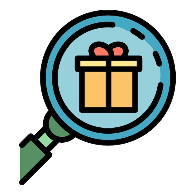 El icono de la lupa de la caja de regalos El icono del icono vectorial de la ampliación de la caixa de regalos Color plano aislado