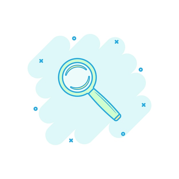 Icono de lupa de dibujos animados vectoriales en estilo cómico Pictograma de ilustración de signo de lupa Concepto de efecto de salpicadura de negocio de búsqueda